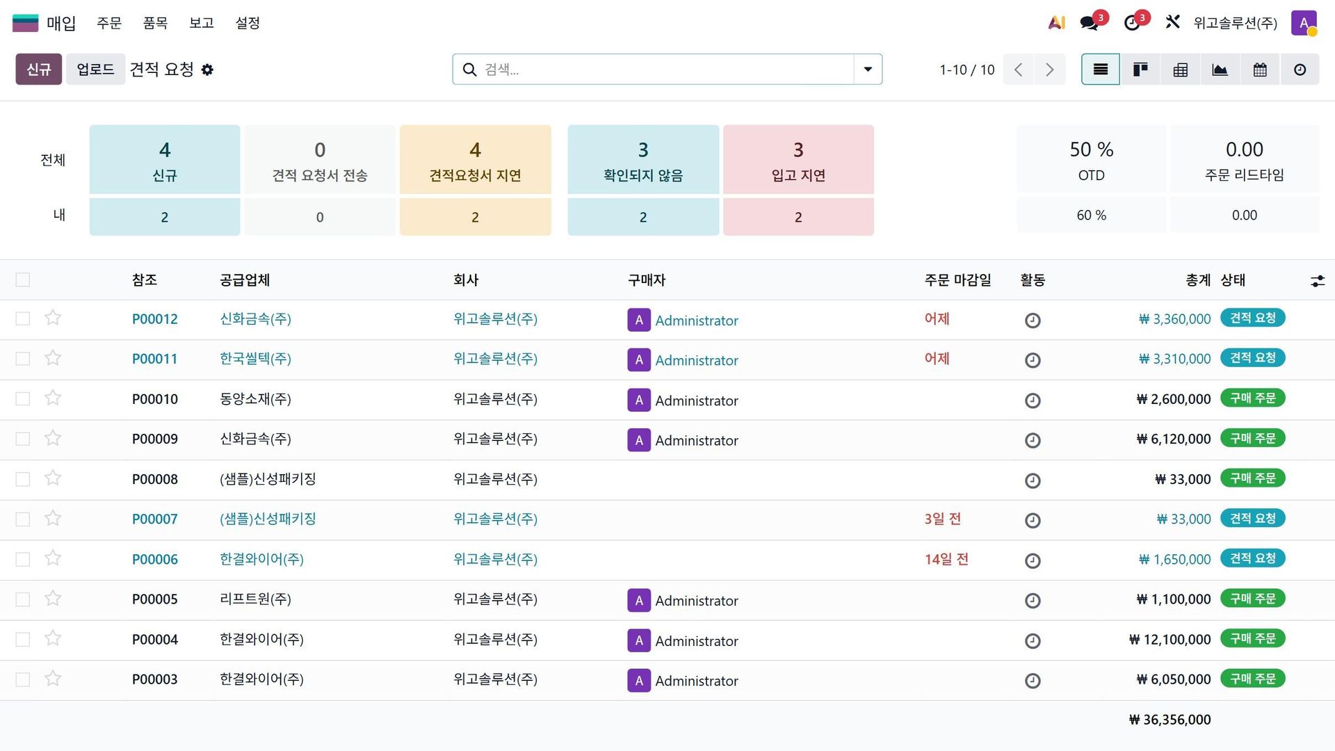 Odoo 구매 발주 목록 화면